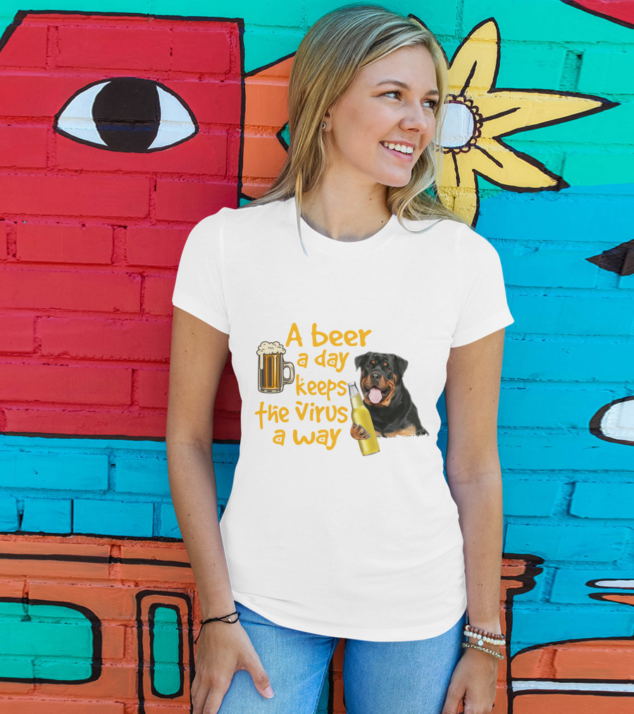 A Beer A Day Keeps The Virus Away With Rottweiler Holding Beer Bottle T-Shirt