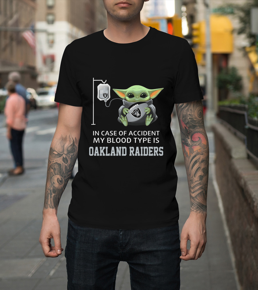 In Case Of Accident My Blood Type Is Oakland Raiders Baby Yoda Grogu T-Shirt