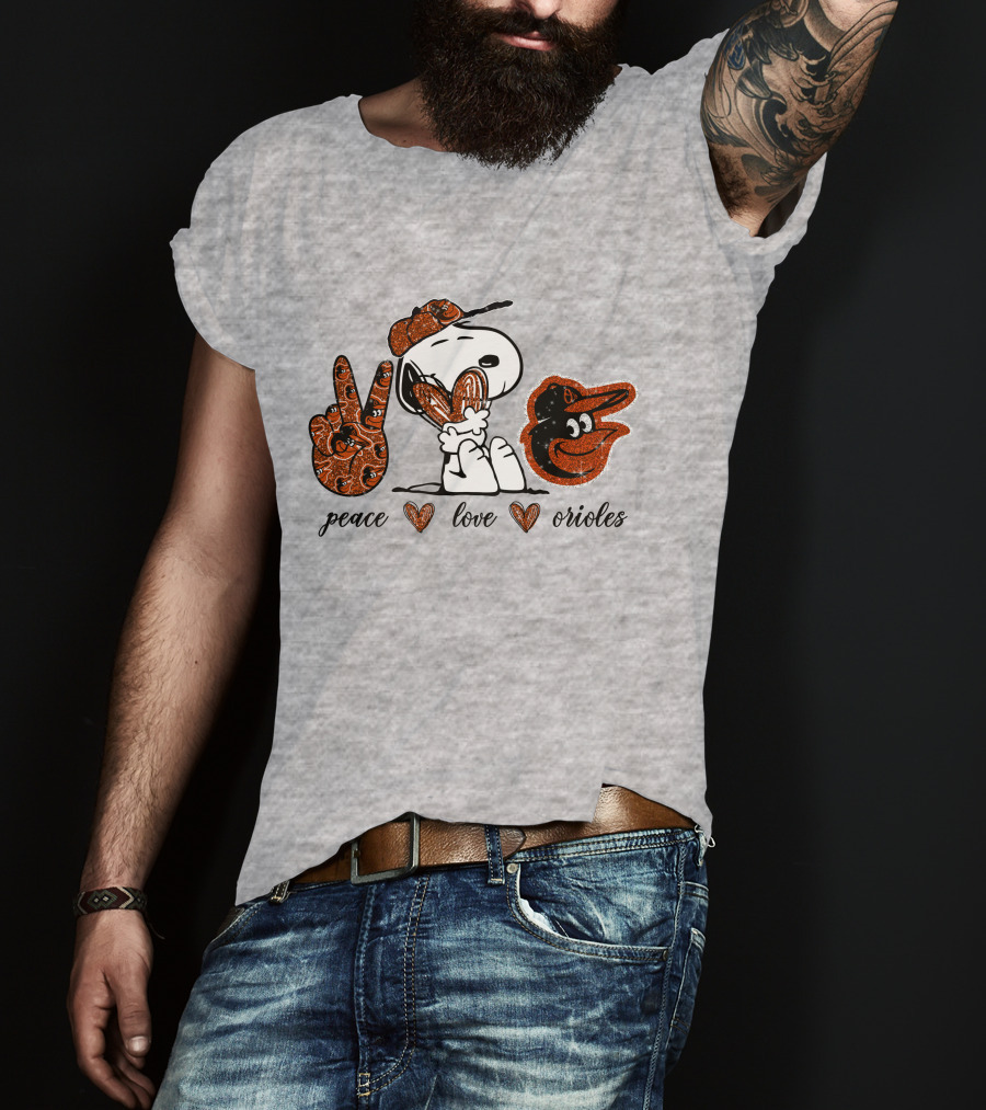 Peace Love Orioles Snoopy Style Baltimore Orioles T-Shirt