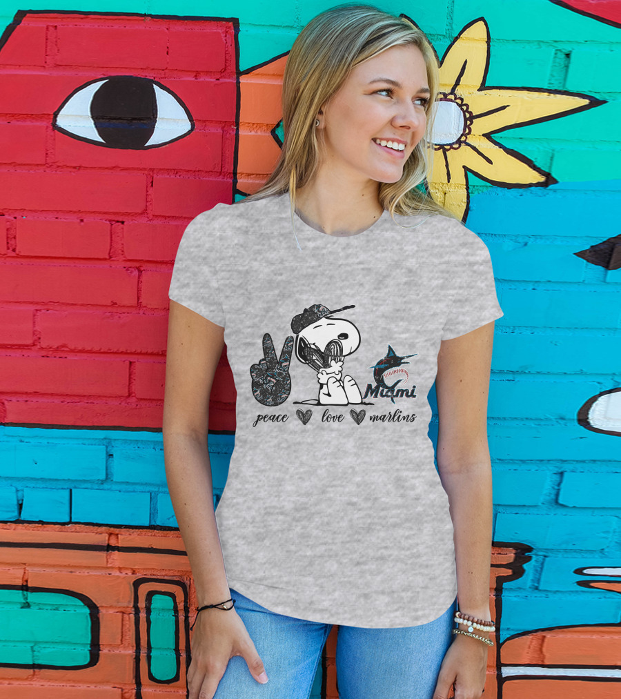 Peace Love Miami Marlins Snoopy Baseball Fan T-Shirt