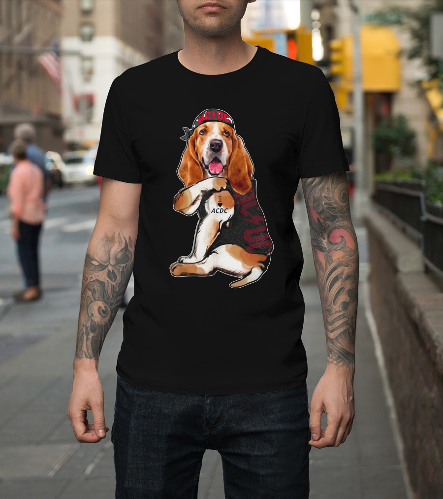Basset Hound I Love Ac/Dc Bandana And Tattoo Style With Red Bandana And Black Vest T-Shirt