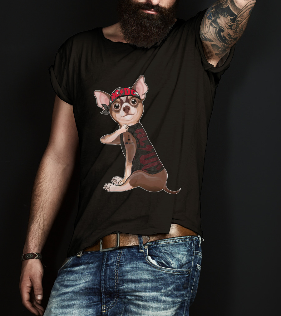 Chihuahua With I Love Ac/Dc Tattoo And Bandana T-Shirt