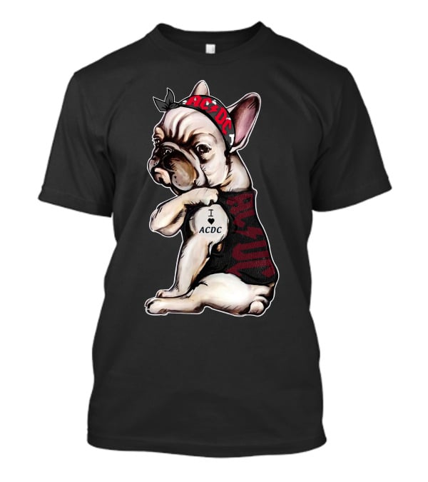 French Bulldog I Love Ac/Dc Black Bandana Rock Style T-Shirt