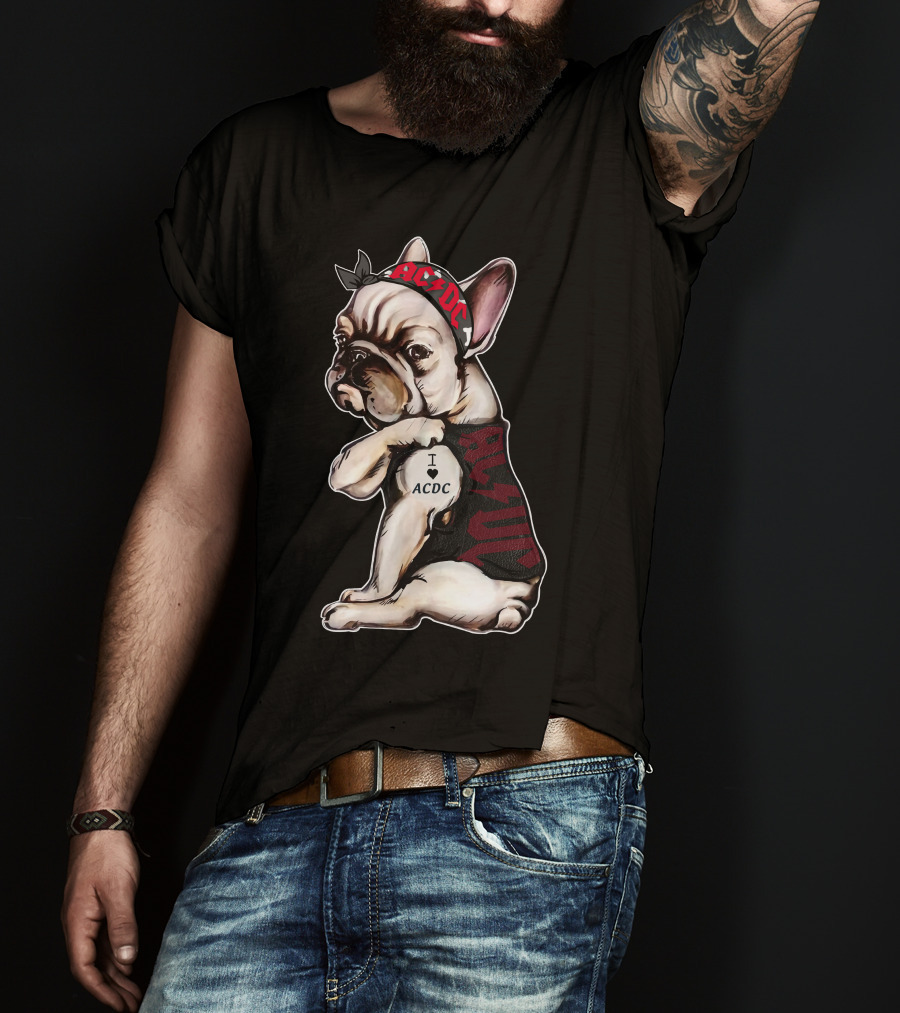 French Bulldog I Love Ac/Dc Black Bandana Rock Style T-Shirt