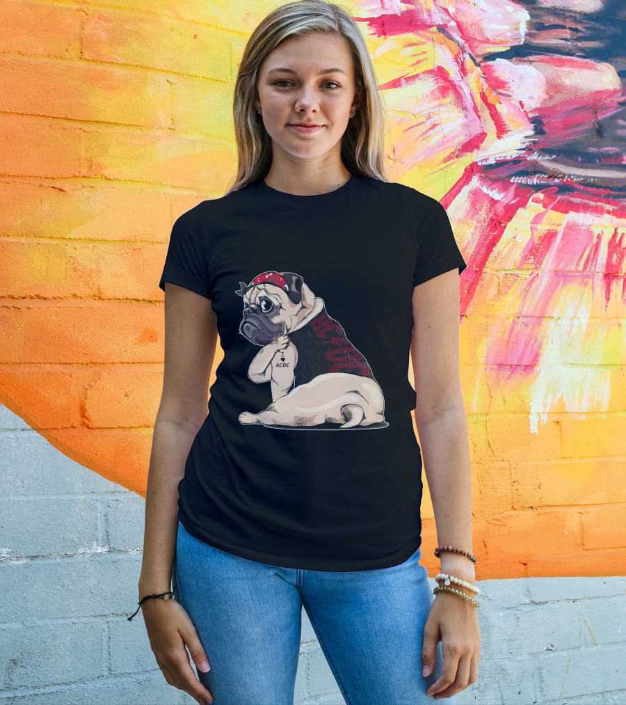 Ac/Dc Pug With I Love Ac/Dc Tattoo And Bandana T-Shirt