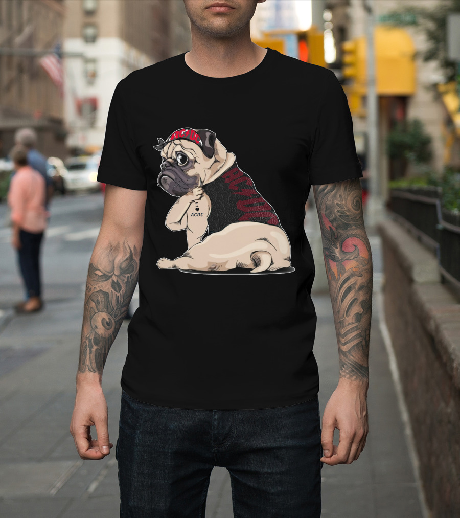 Ac/Dc Pug With I Love Ac/Dc Tattoo And Bandana T-Shirt