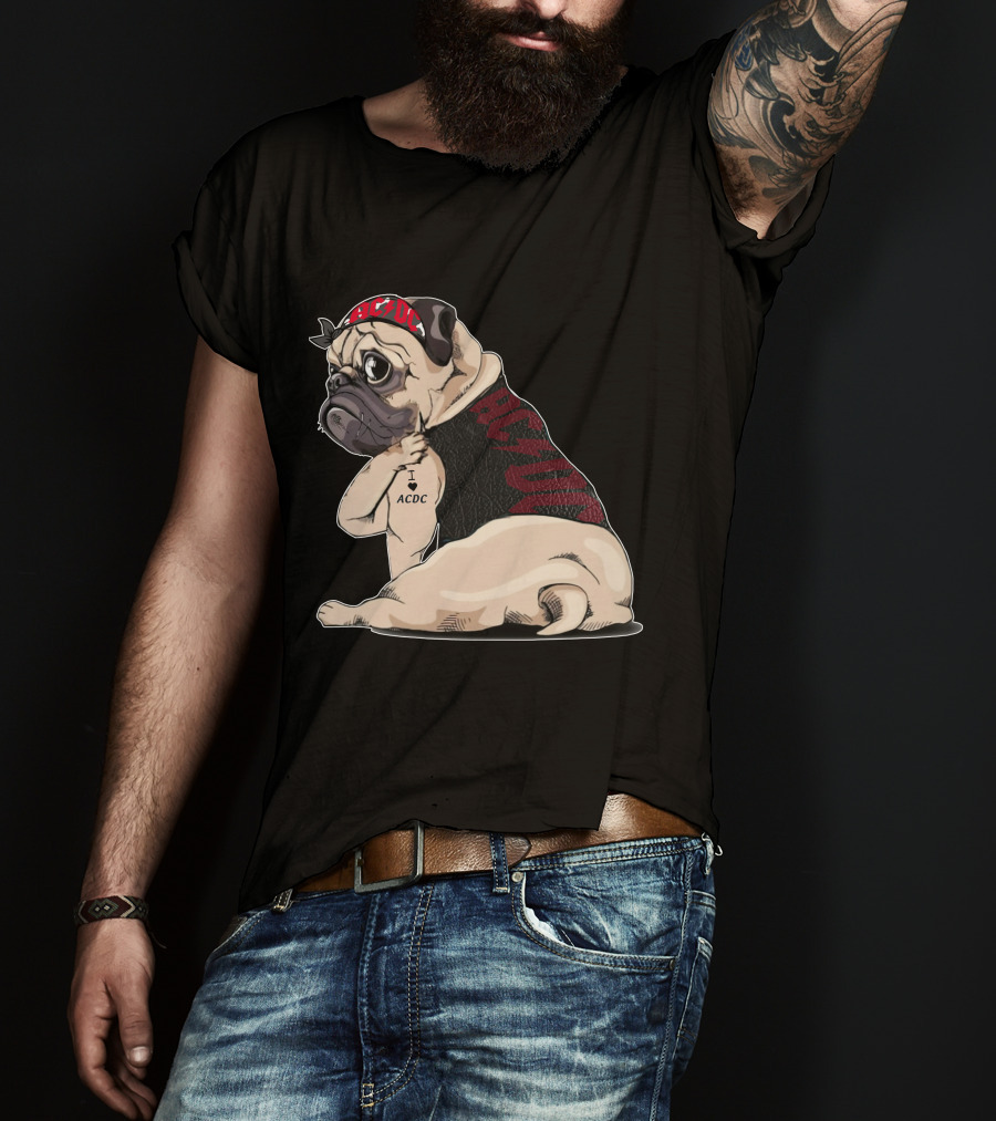 Ac/Dc Pug With I Love Ac/Dc Tattoo And Bandana T-Shirt