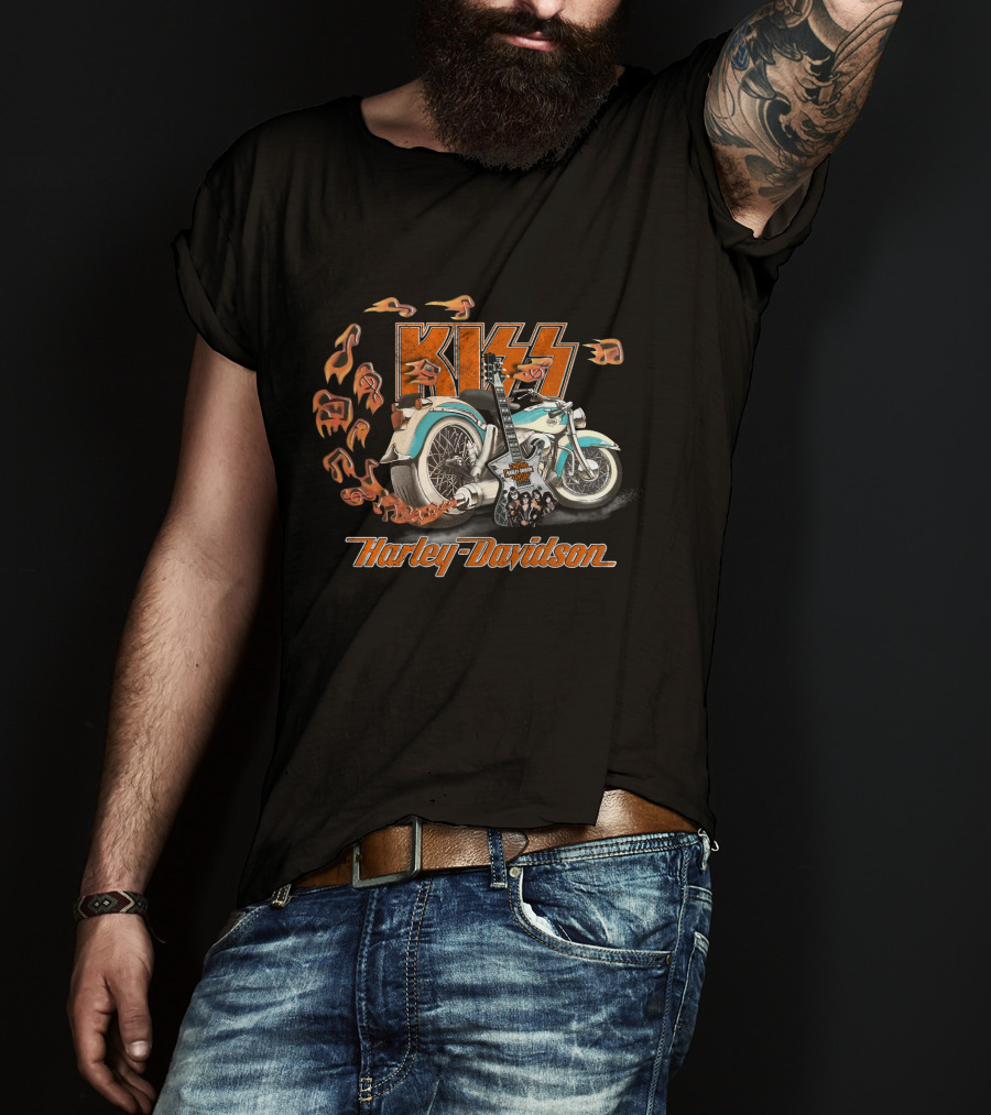Kiss Harley Davidson Motorcycle Flames Guitar T-Shirt