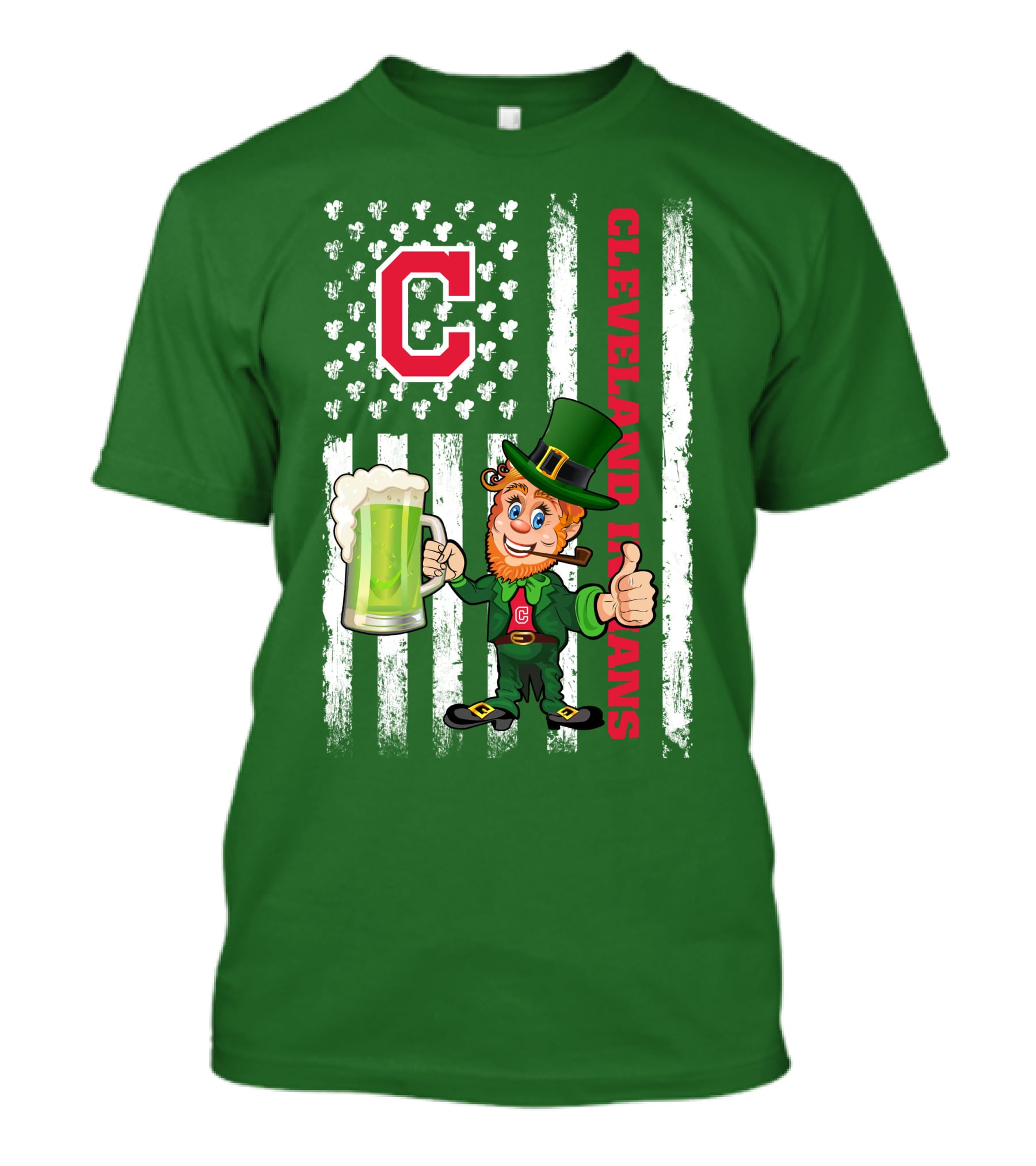 Cleveland Indians St Patrick's Day Leprechaun With Shamrock Flag And Beer Mug T-Shirt