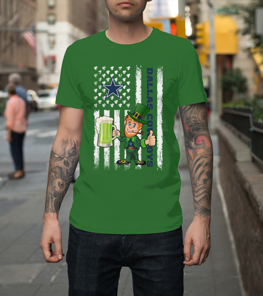 Dallas Cowboys St Patrick's Day Leprechaun Flag Beer Shamrocks Star T-Shirt