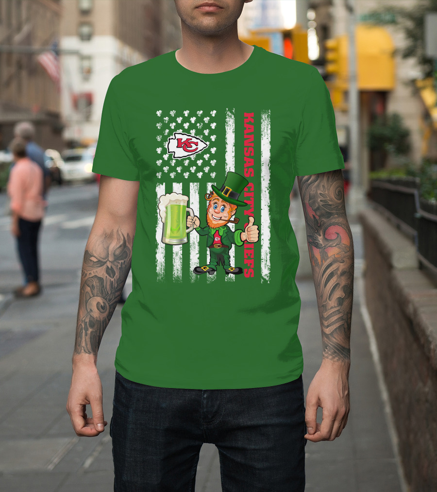 Kansas City Chiefs Leprechaun St Patrick's Day Shamrock Flag T-Shirt
