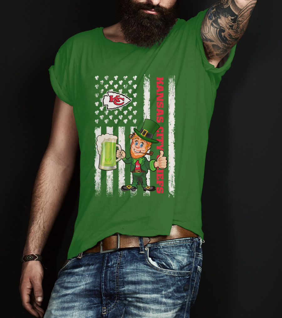 Kansas City Chiefs Leprechaun St Patrick's Day Shamrock Flag T-Shirt
