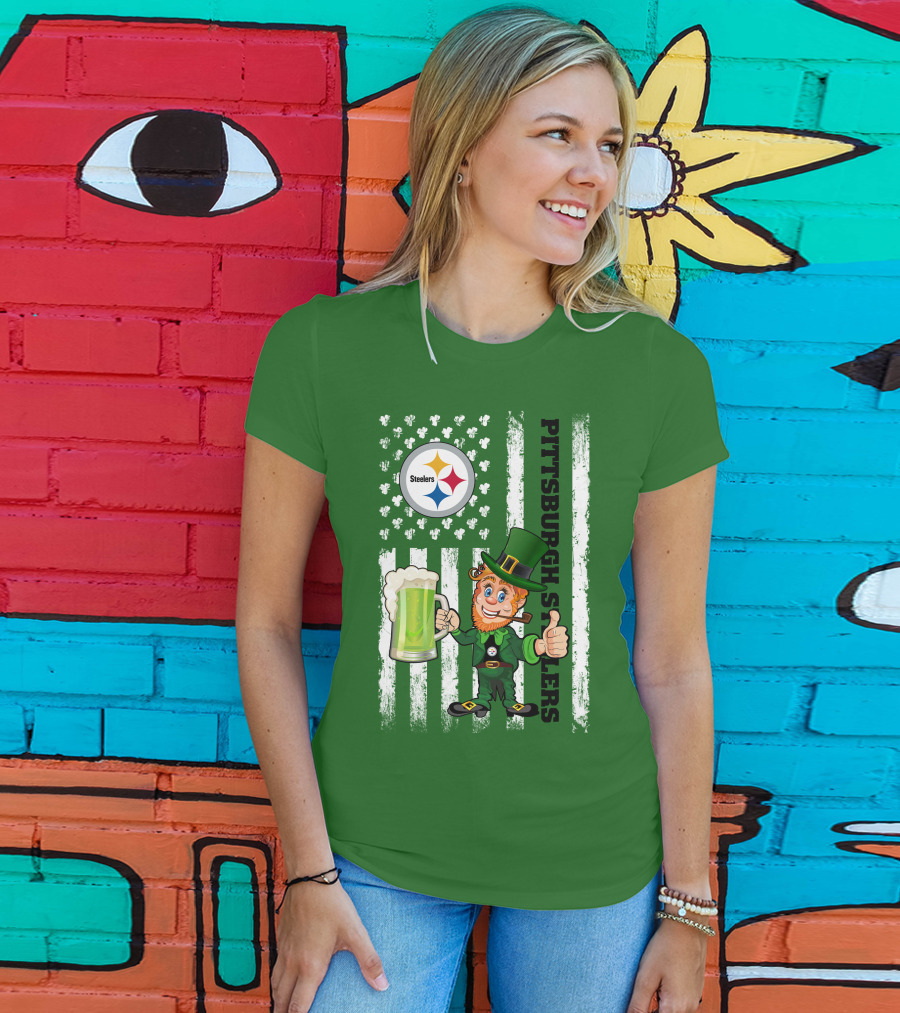 Pittsburgh Steelers Leprechaun St Patrick's Day Shamrock Beer Flag T-Shirt