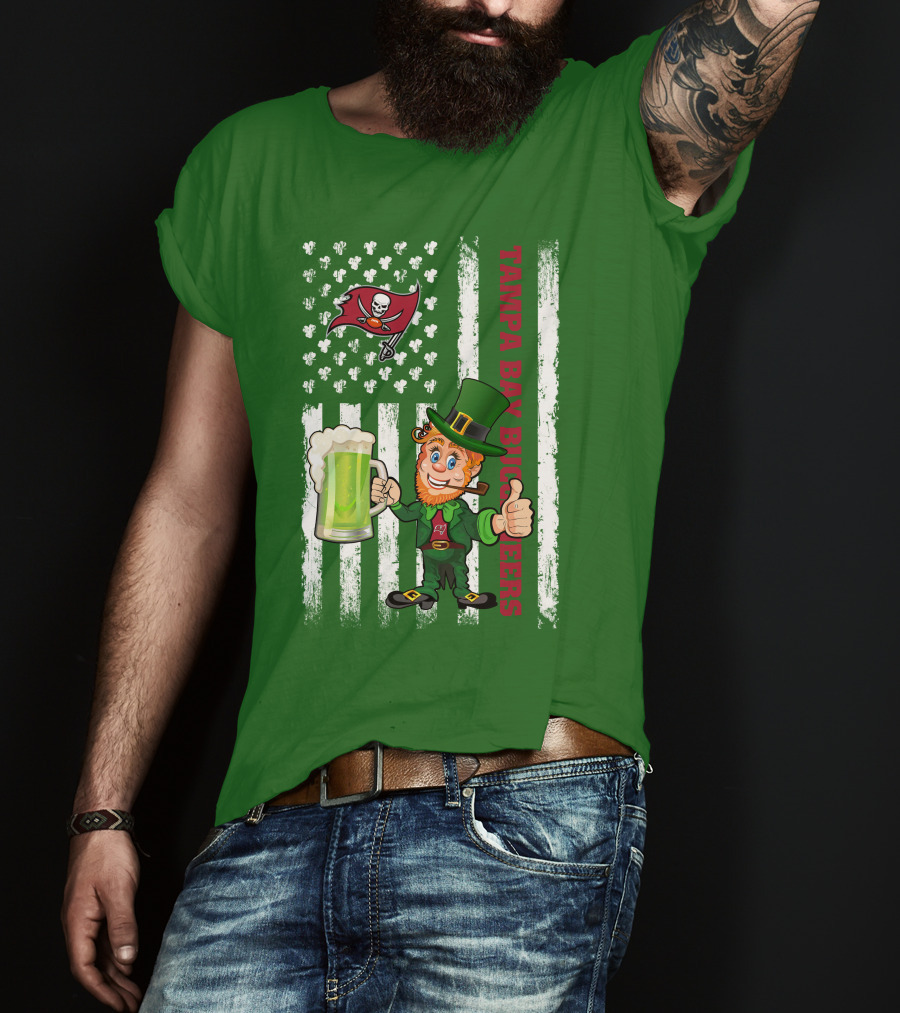 Tampa Bay Buccaneers St Patrick's Day Leprechaun Flag With Shamrocks And Green Beer T-Shirt