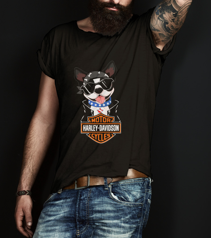 Harley Davidson Boston Terrier Motorcycle American Flag Scarf T-Shirt