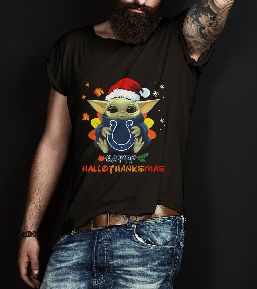 Happy Hallothanksmas Indianapolis Colts Baby Yoda Santa Hat T-Shirt