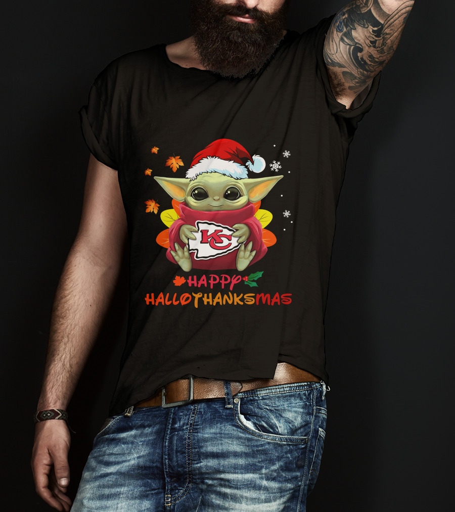 Kansas City Chiefs Baby Yoda Happy Hallothanksmas T-Shirt