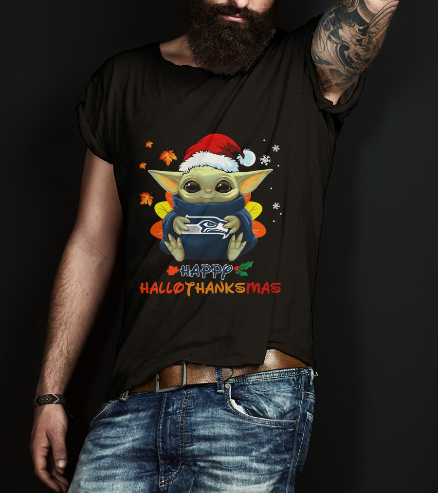 Seattle Seahawks Baby Yoda Happy Hallothanksmas 505 L1PTT T-Shirt