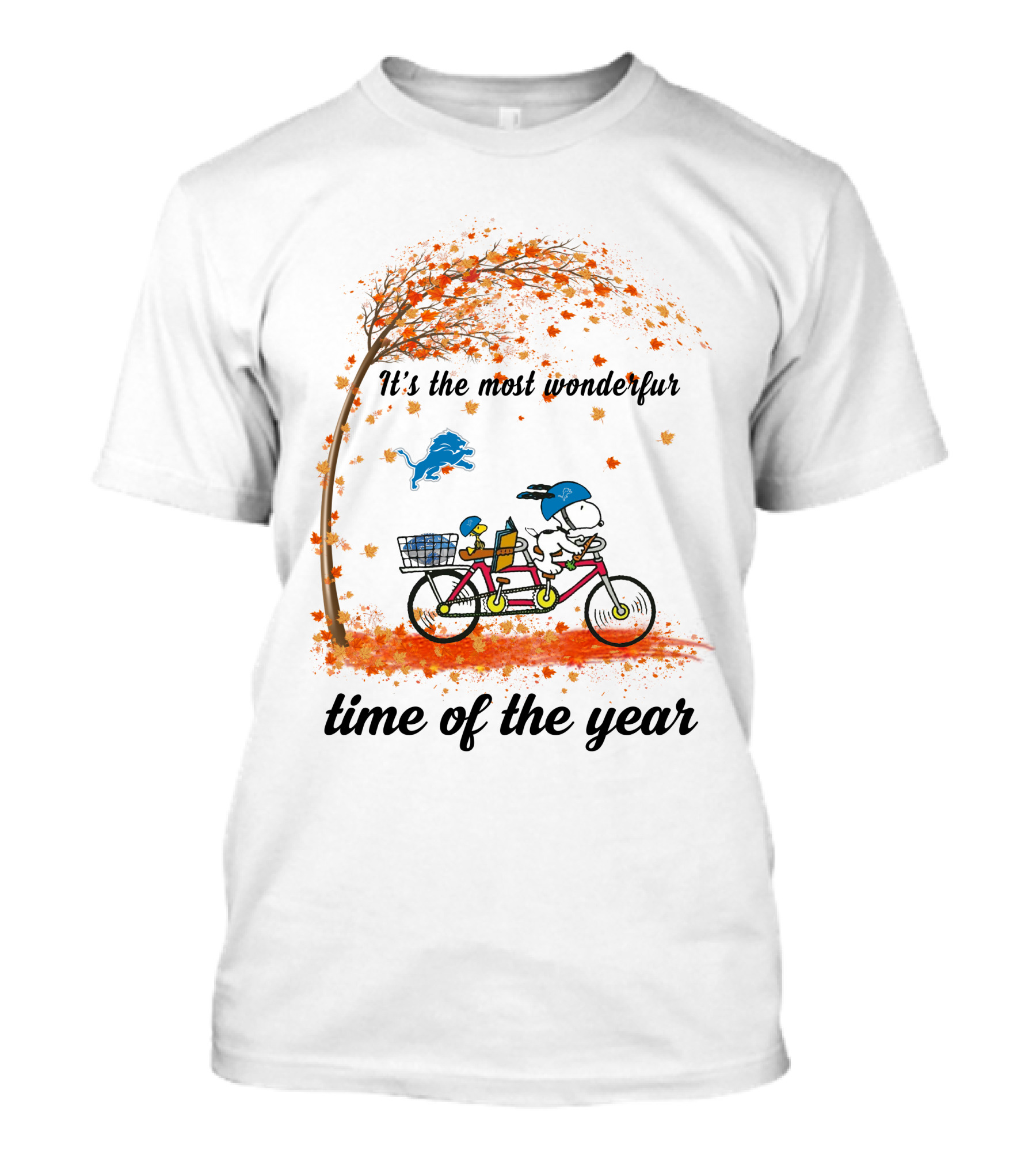 Detroit Lions It's The Most Wonderful Time Of The Year Autumn Snoopy Riding Bicycle T-Shirt