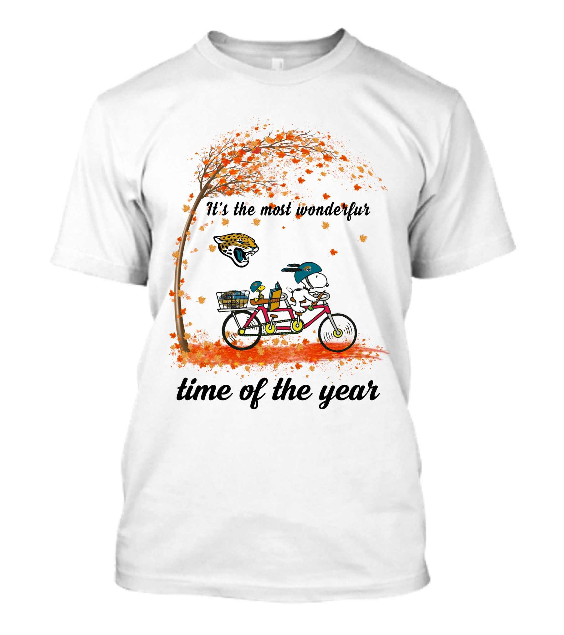 Jacksonville Jaguars Snoopy Bicycle Autumn It's The Most Wonderful Time Of The Year T-Shirt