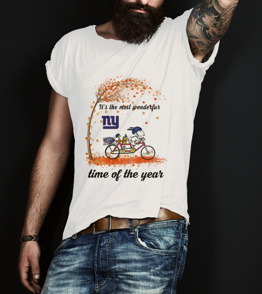 New York Giants Snoopy Autumn Bicycle It's The Most Wonderful Time Of The Year T-Shirt