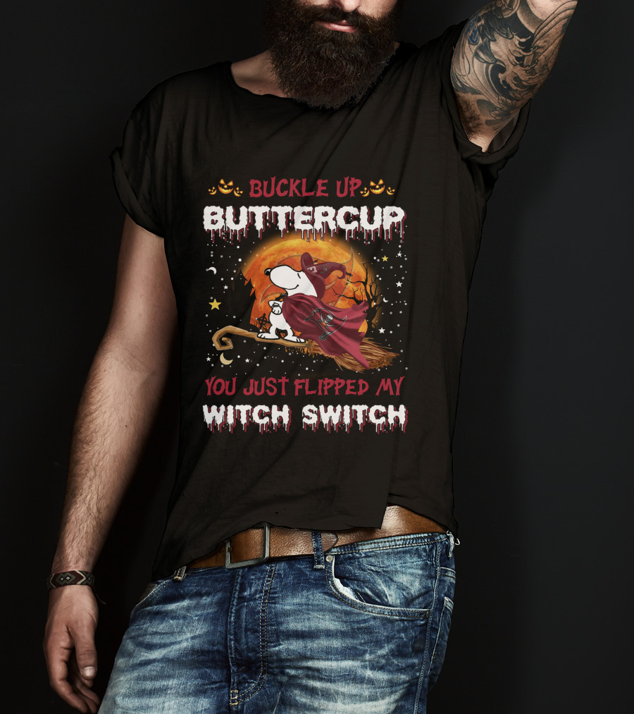 Buckle Up Buttercup You Just Flipped My Witch Switch Snoopy Broomstick Halloween Moon T-Shirt