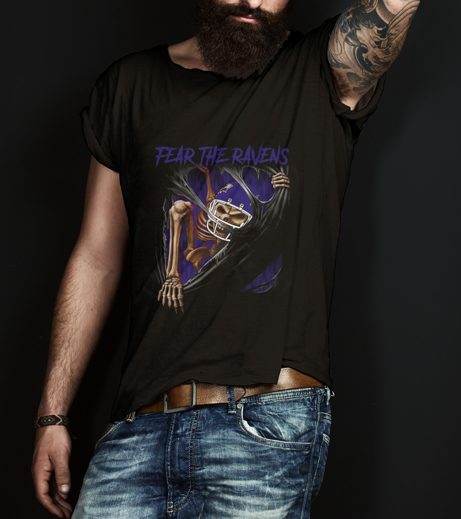 Fear The Ravens Baltimore NFL Skeleton Ravens Helmet Tear T-Shirt