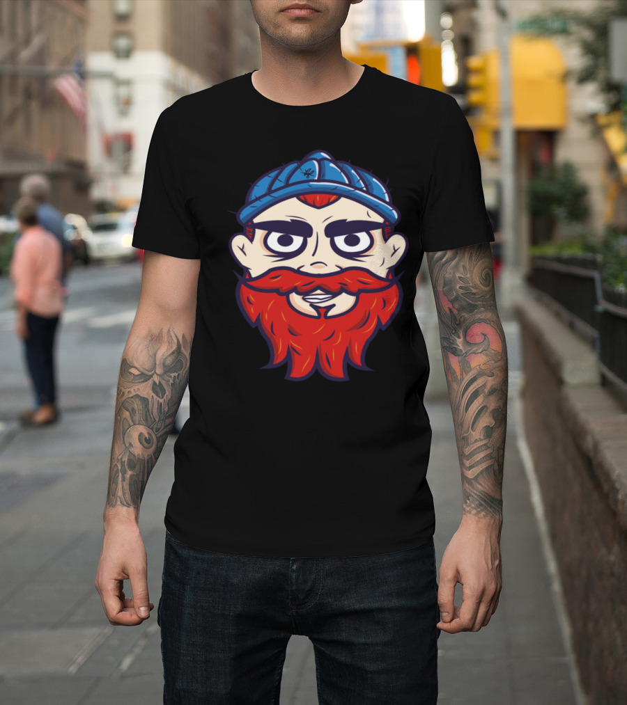 Bearded Hipster Mountaineer with Blue Knit Cap and Red Beard T-Shirt
