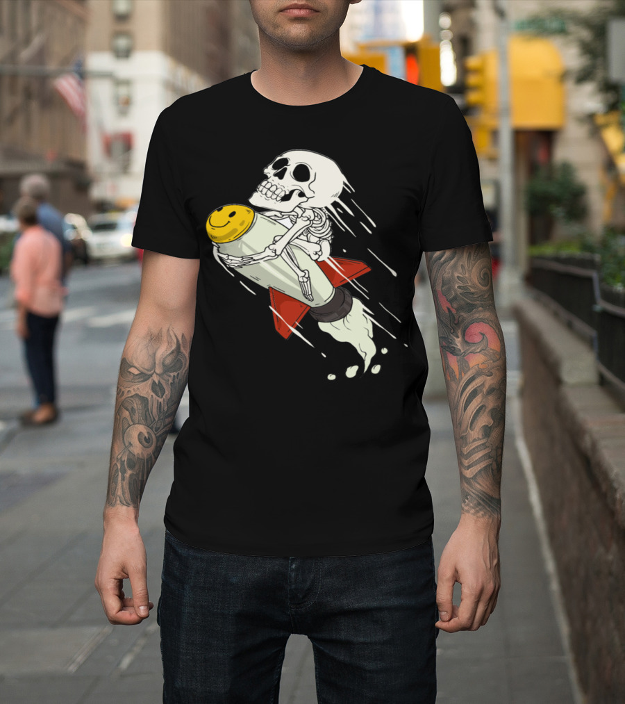 Skeleton Riding Rocket with Smiley Face Space Astronaut T-Shirt