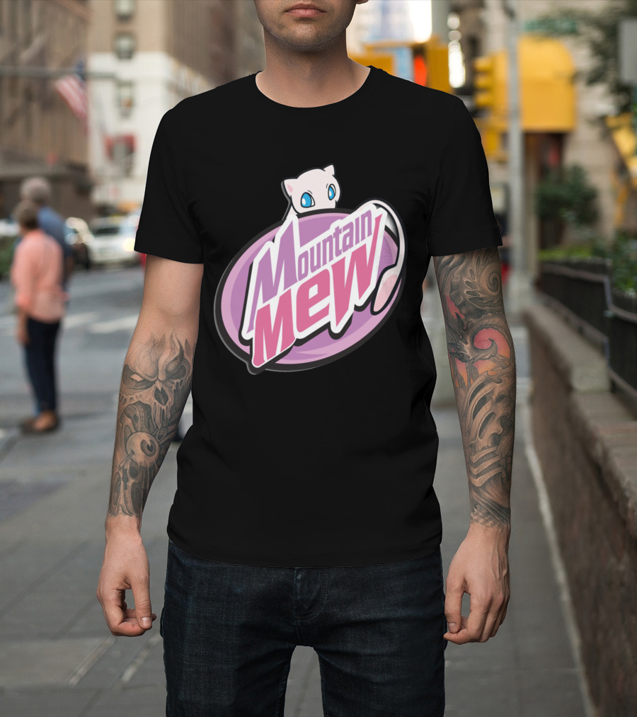 Mountain Mew Logo with Adorable White Cat and Purple Background T-Shirt