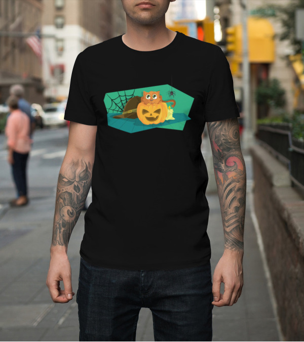 Shirt: Cat on Jack-O'-Lantern with Witch's Hat and Spiderweb T-Shirt Cat on Jack-O'-Lantern with Witch's Hat and Spiderweb T-Shirt