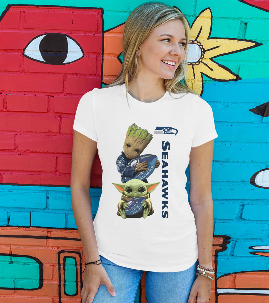Baby Groot And Baby Yoda Hugging Seahawks Football T-Shirt
