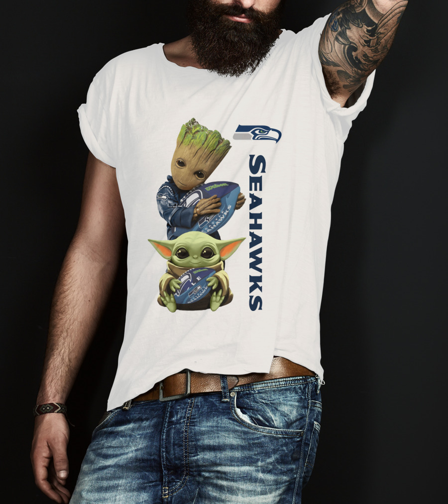Baby Groot And Baby Yoda Hugging Seahawks Football T-Shirt
