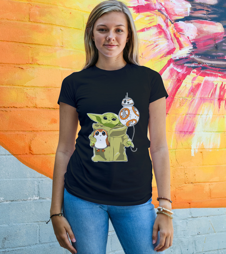 Baby Yoda Hug Sad Porg With BB-8 Balloon T-Shirt