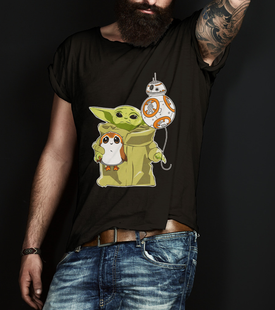Baby Yoda Hug Sad Porg With BB-8 Balloon T-Shirt