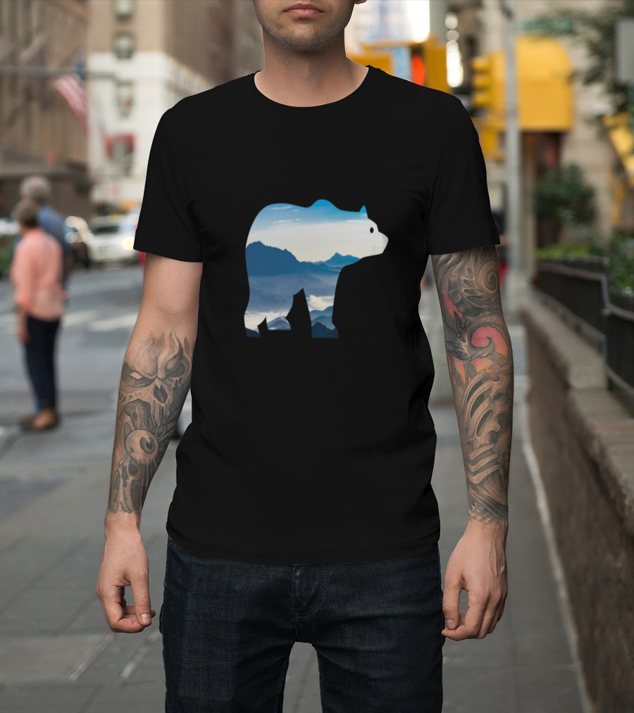 Mountain Silhouette Within Bear Shape Blue Misty Peaks T-Shirt