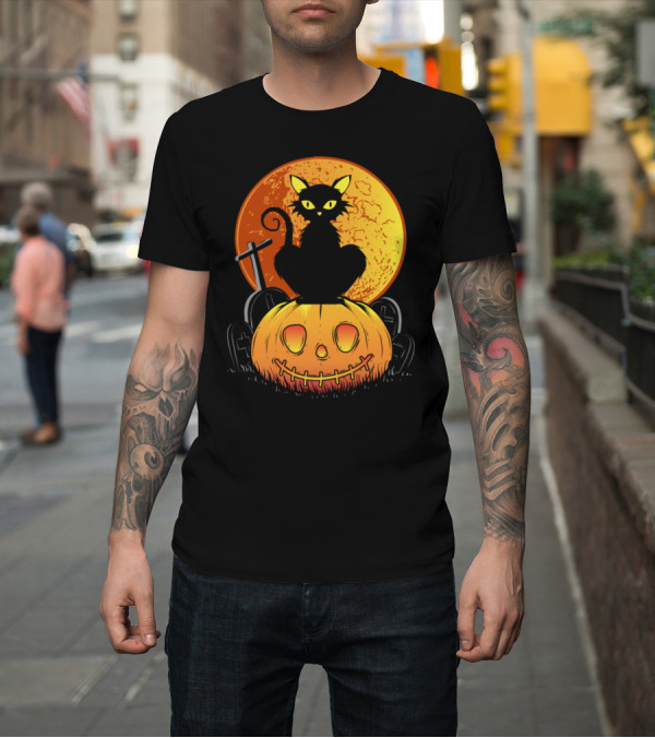 Shirt: Black Cat on Pumpkin with Moon Halloween T-Shirt Black Cat on Pumpkin with Moon Halloween T-Shirt
