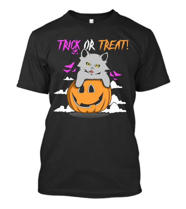 Trick Or Treat Cat In Pumpkin With Bats Halloween T-Shirt