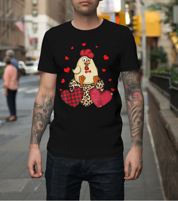 Shirt: Cute Chicken with Leopard Print and Red Plaid Hearts T-Shirt Cute Chicken with Leopard Print and Red Plaid Hearts T-Shirt