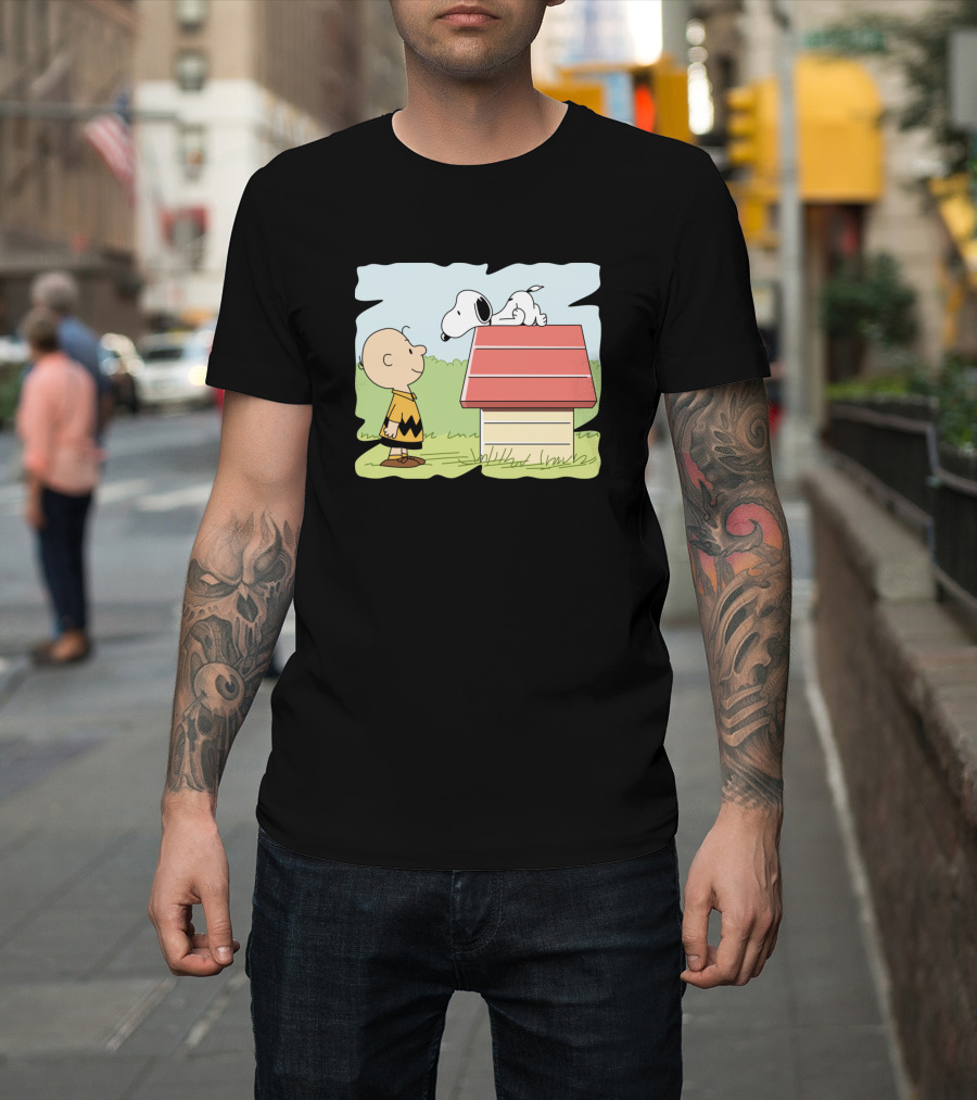 First Meet Snoopy Peanuts Charlie Brown and Doghouse Scene T-Shirt