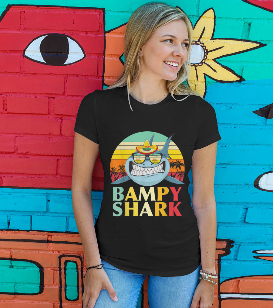 Bampy Shark Grandad From Grandchildren Shark With Sombrero And Sunglasses T-Shirt