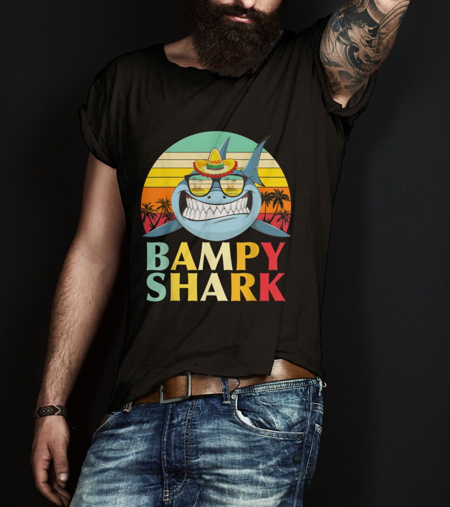 Bampy Shark Grandad From Grandchildren Shark With Sombrero And Sunglasses T-Shirt