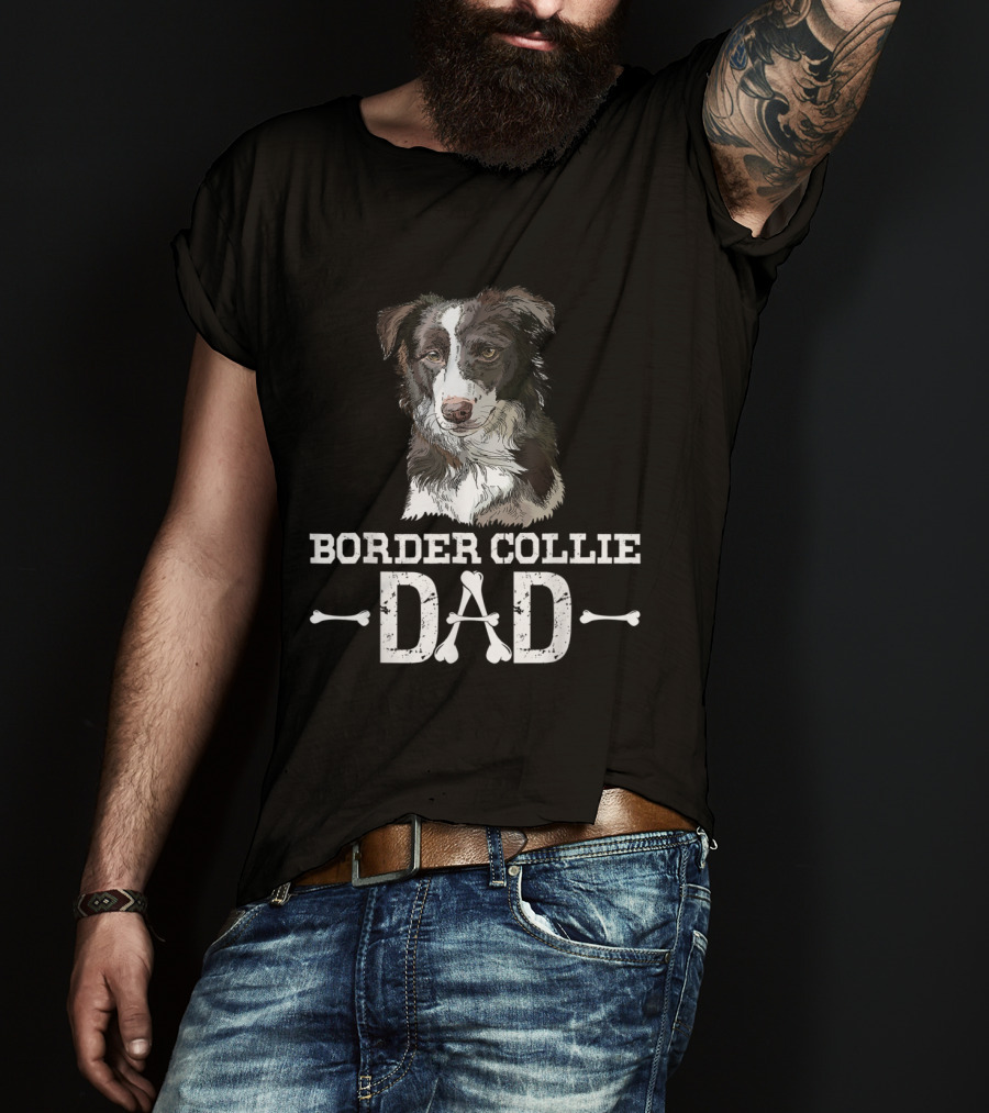 Border Collie Dad With Detailed Dog Illustration And Bone Accents T-Shirt