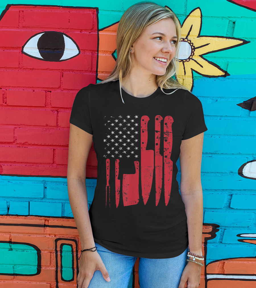 American Flag Stars Butcher Knife Set Vintage Look T-Shirt