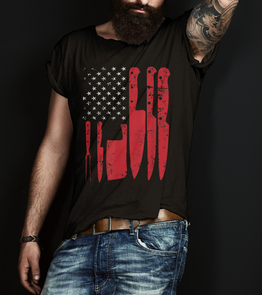 American Flag Stars Butcher Knife Set Vintage Look T-Shirt