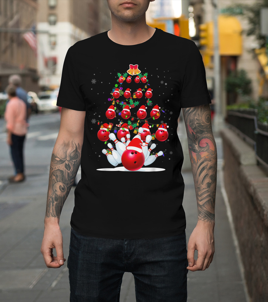 Bowling Ball Christmas Tree With Santa Hats And Snowflakes T-Shirt