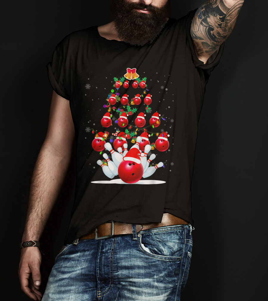 Bowling Ball Christmas Tree With Santa Hats And Snowflakes T-Shirt
