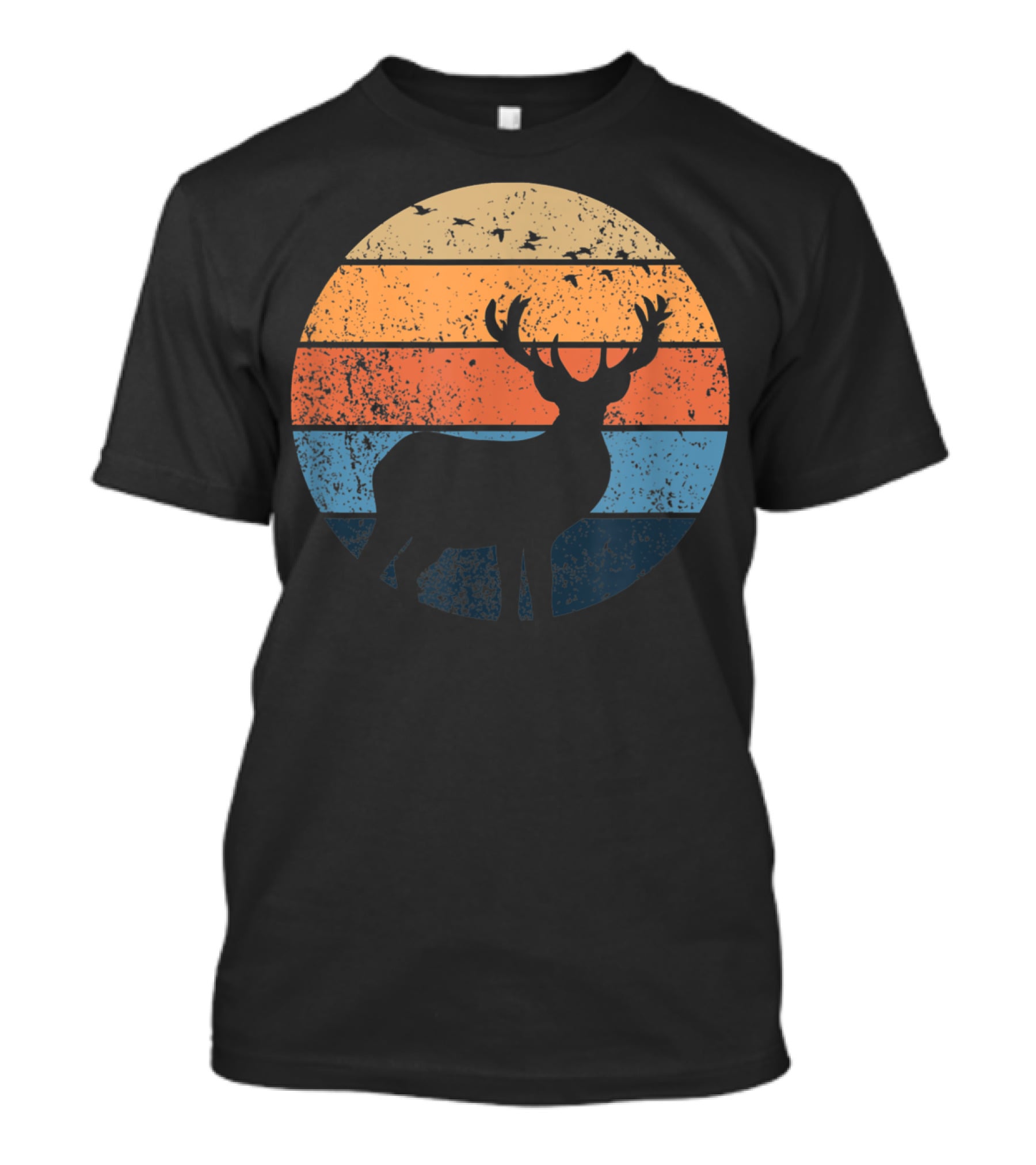 Deer Silhouette Retro Sunset With Flying Birds T-Shirt
