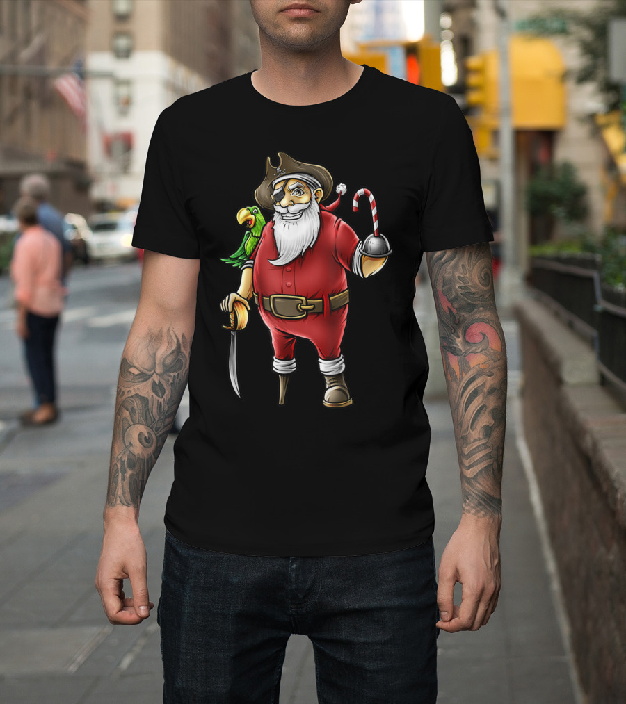 Funny Christmas Pirate Santa With Candy Cane Hook Hand And Parrot T-Shirt