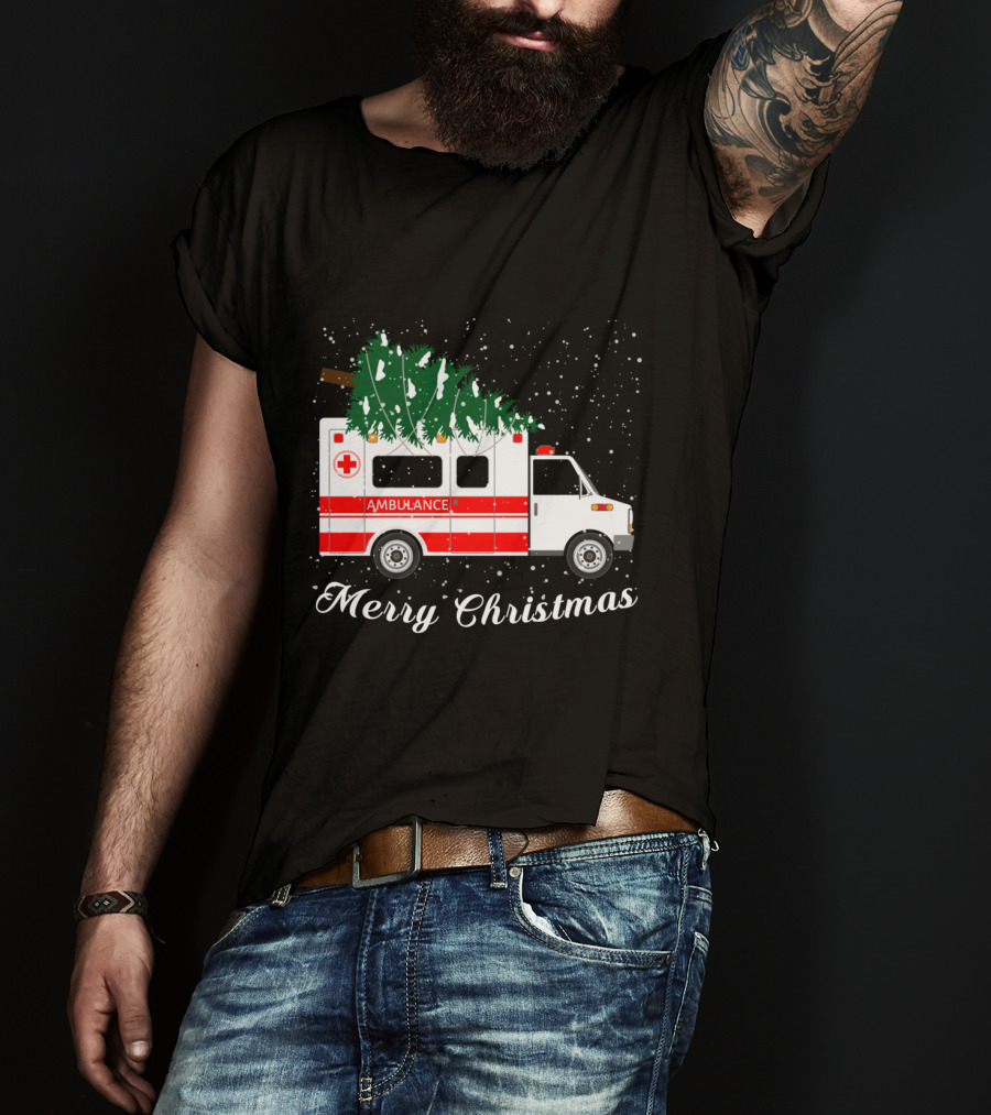 Merry Christmas Ambulance Carrying Christmas Tree In Snowfall T-Shirt